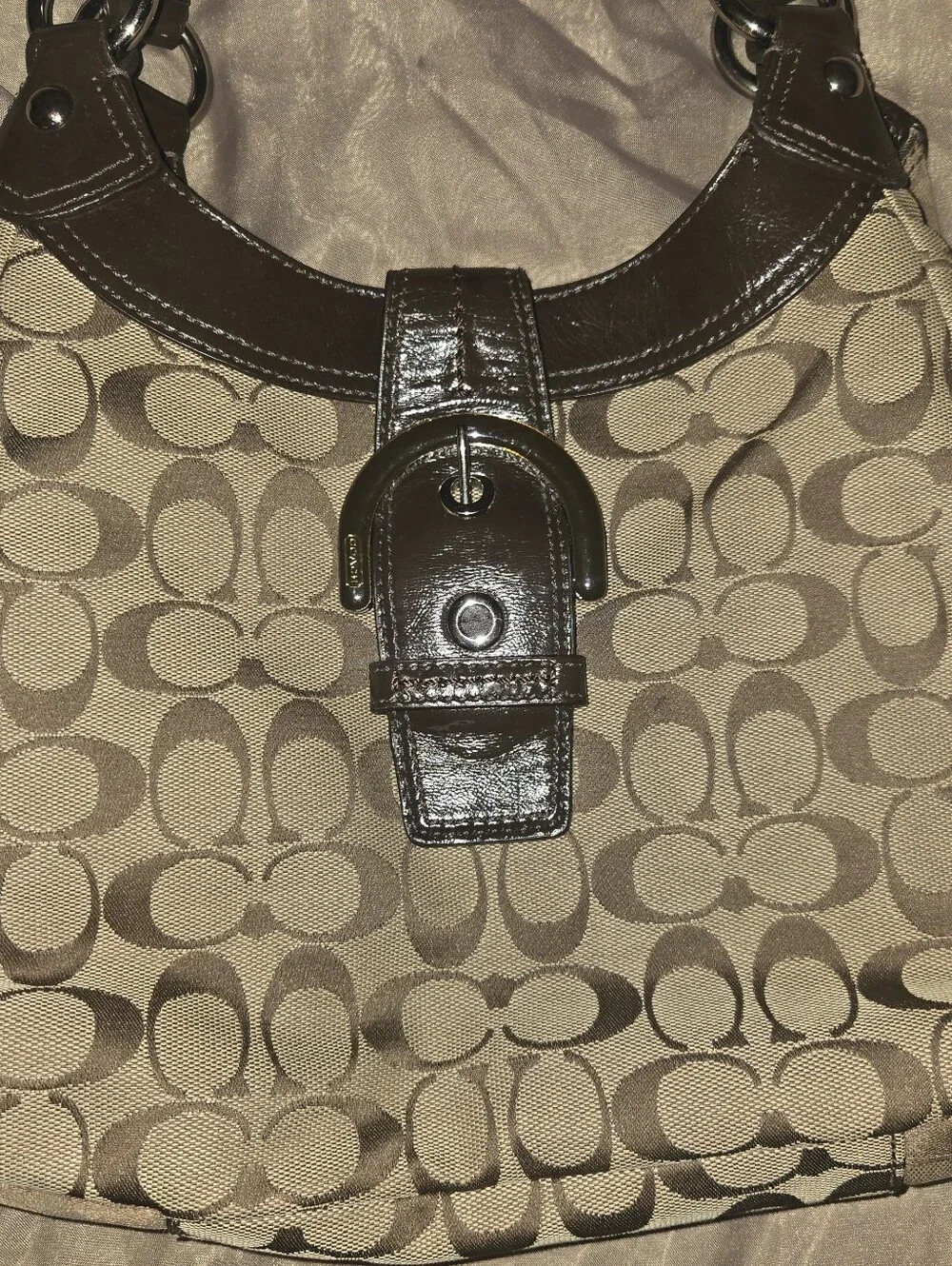 Coach Signature Canvas Hobo Bag in Khaki and Dark Brown